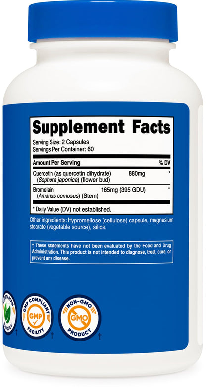 Nutricost Quercetin with Bromelain capsules shown alongside clear usage instructions for daily respiratory wellness.