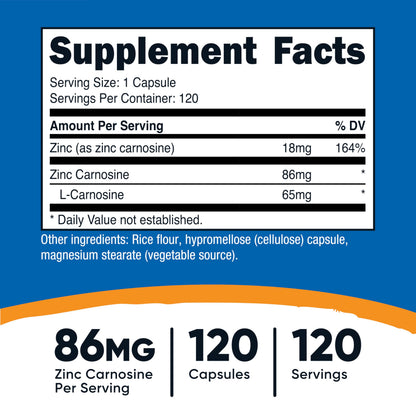 Nutricost digestive support supplement capsule bottle showing supplement facts label and elemental zinc values