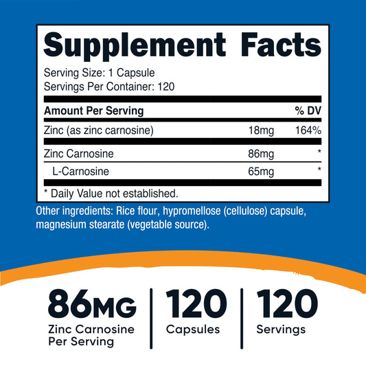Nutricost digestive support supplement capsule bottle showing supplement facts label and elemental zinc values