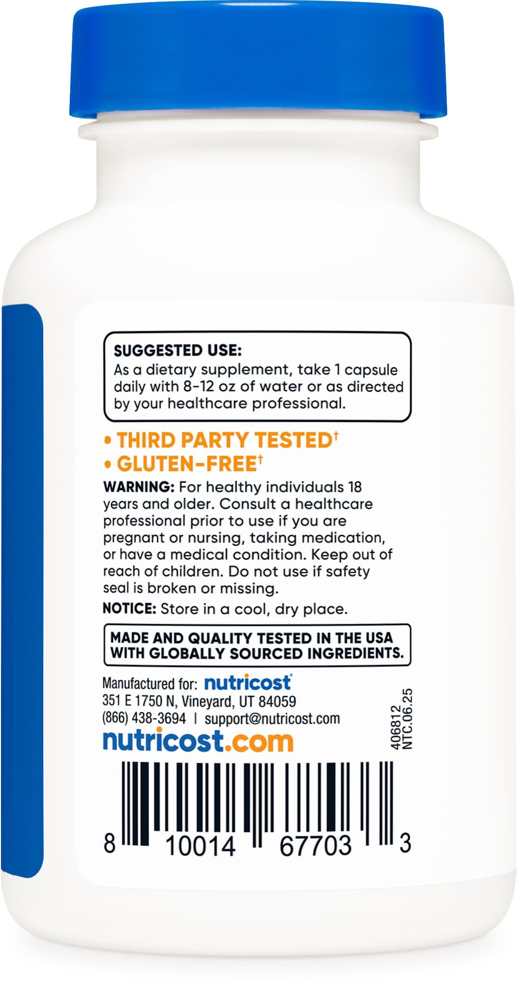 Nutricost stomach lining protection supplement highlighting independent third party tested certification logo