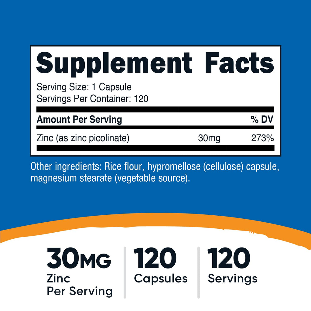 Nutricost premium zinc picolinate highly absorbable dietary supplement supplement facts label view