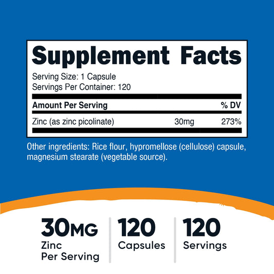 Nutricost premium zinc picolinate highly absorbable dietary supplement supplement facts label view