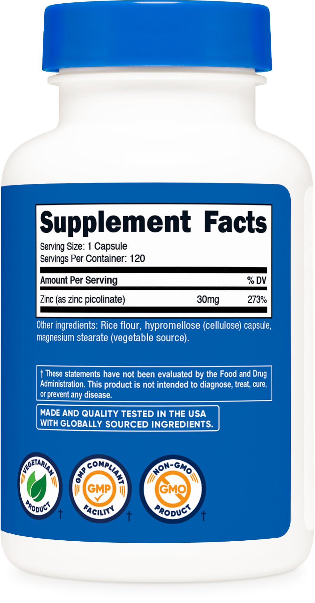 Close up view of vegetarian capsules from USA imported Nutricost zinc health supplement packaging