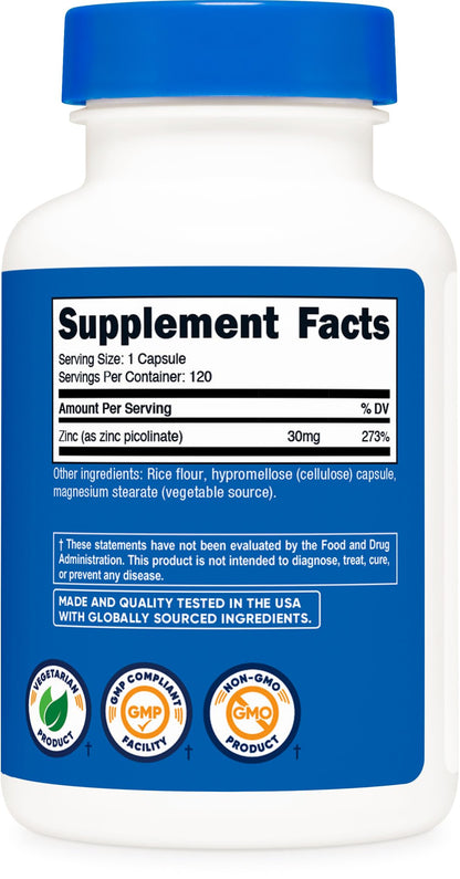 Close up view of vegetarian capsules from USA imported Nutricost zinc health supplement packaging