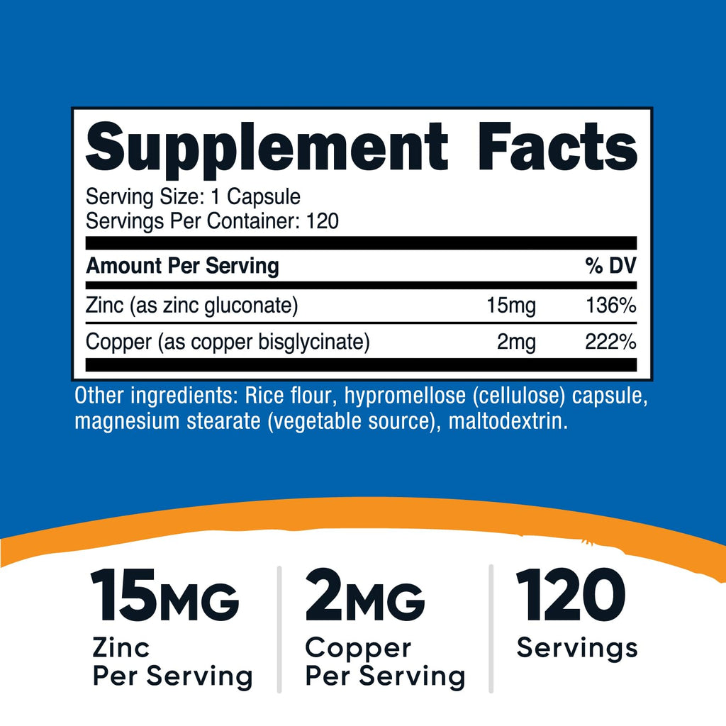 Nutricost Zinc and Copper supplement facts panel showing mineral serving sizes