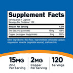 Nutricost Zinc and Copper supplement facts panel showing mineral serving sizes