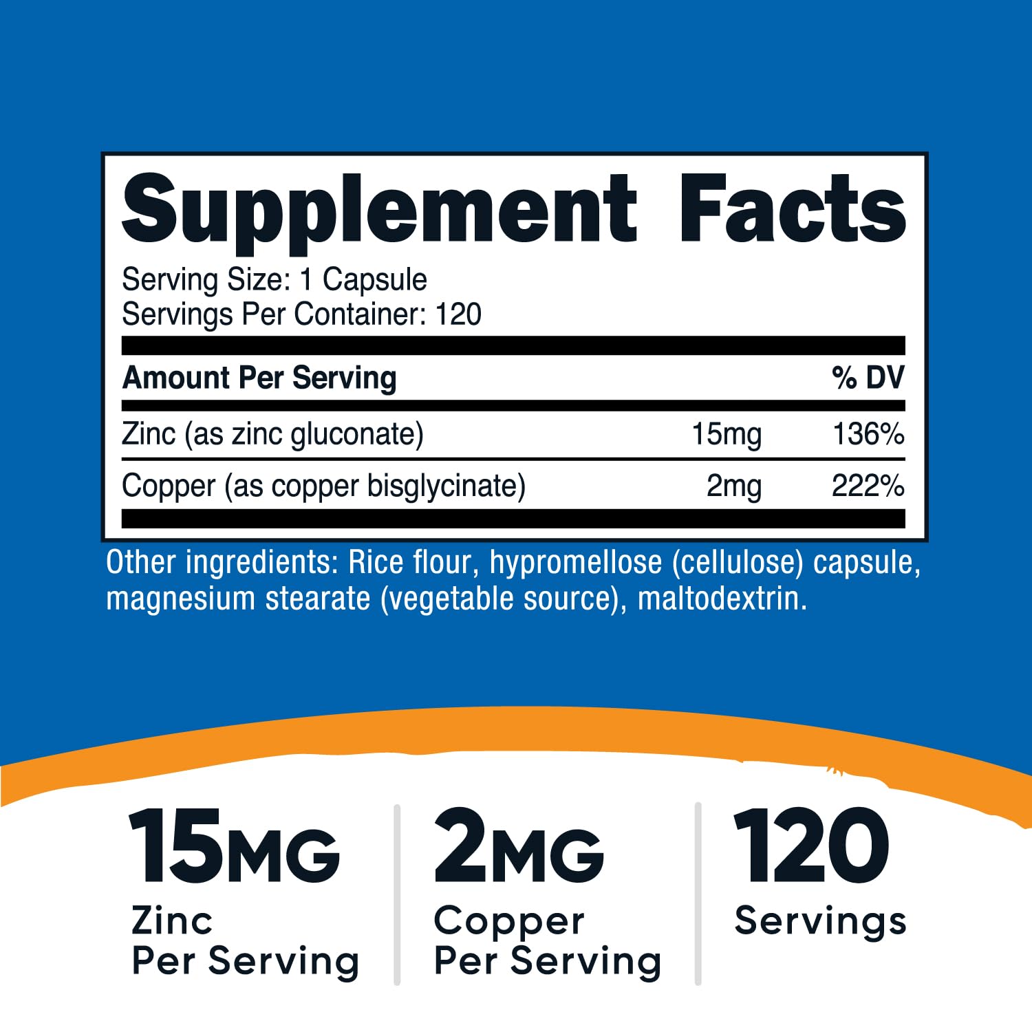 Nutricost Zinc and Copper supplement facts panel showing mineral serving sizes