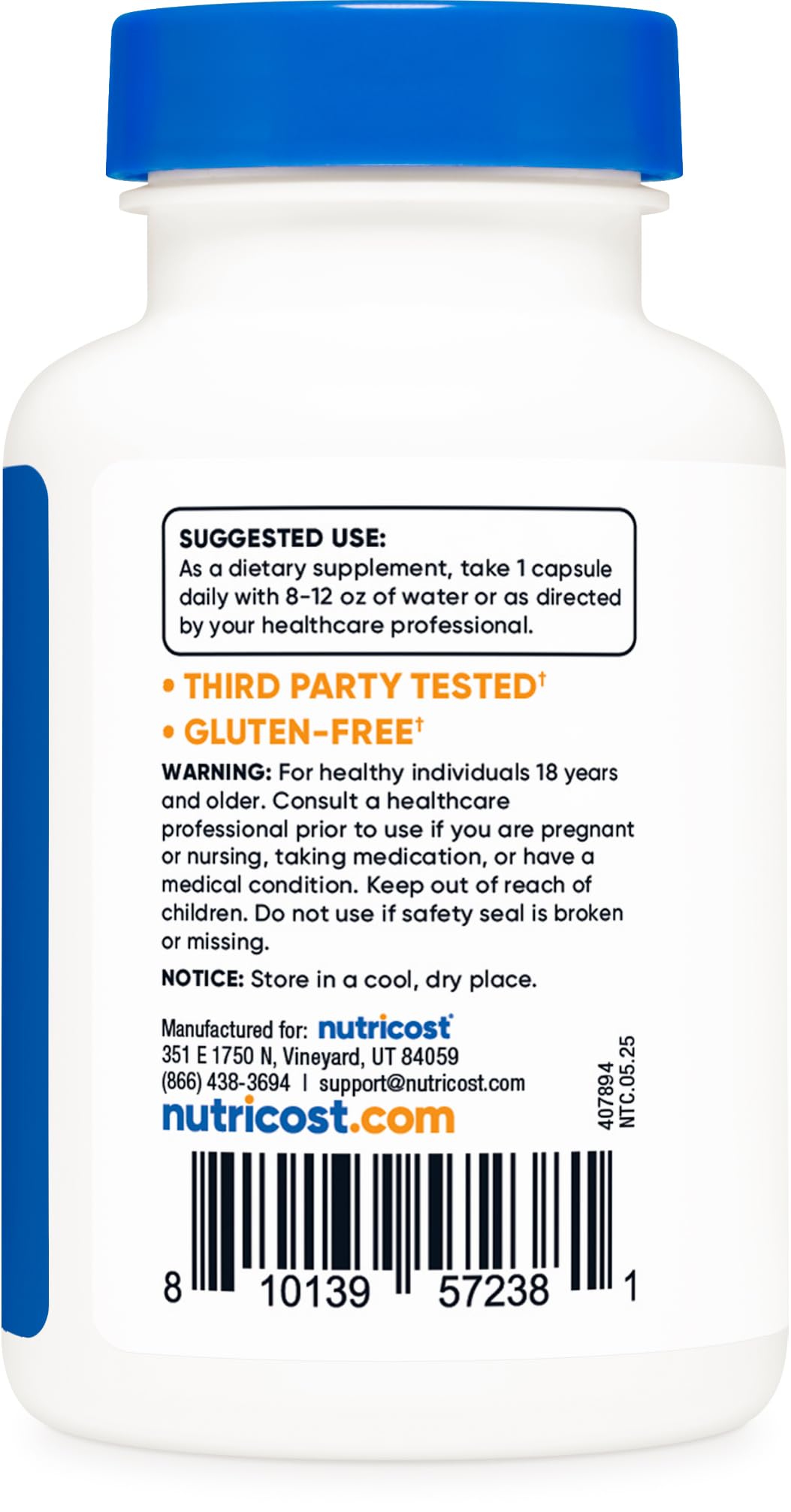 Nutricost non GMO and gluten free certified labels on the side of the white bottle