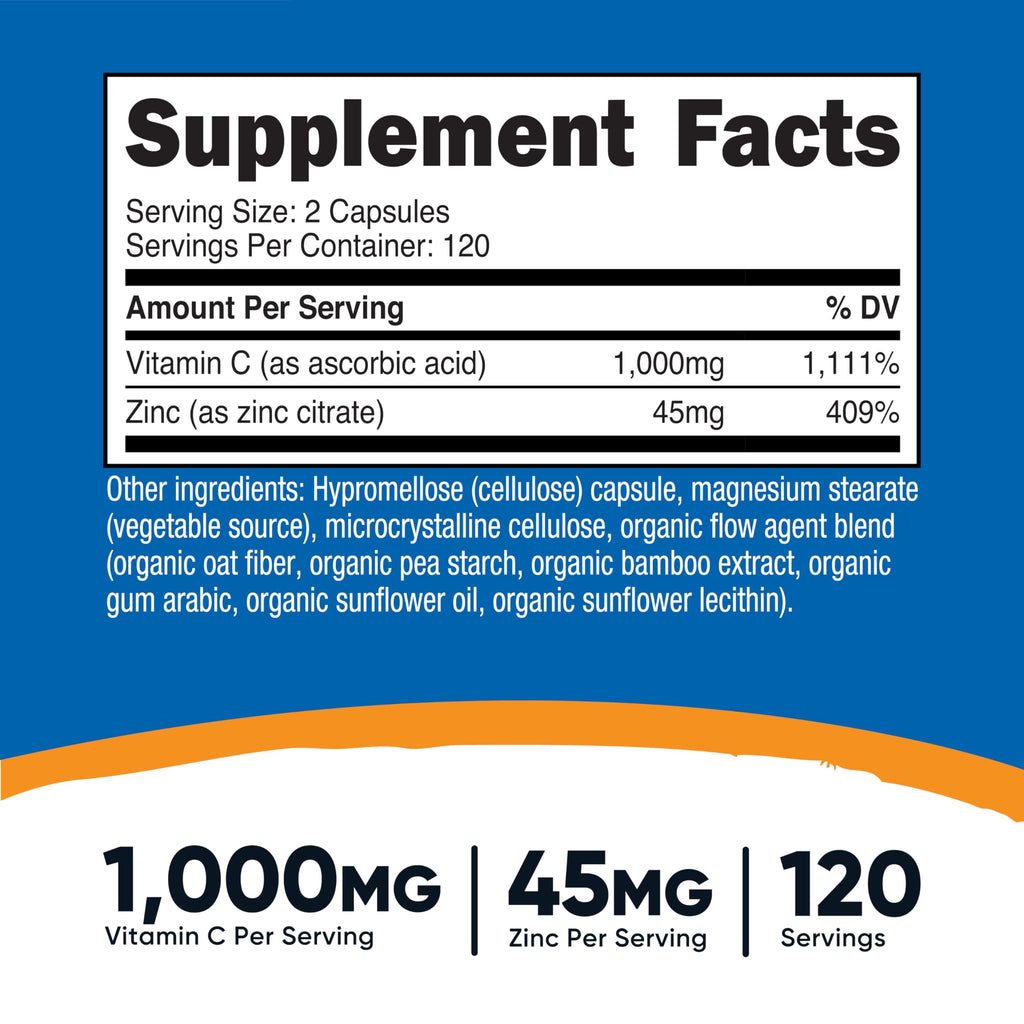 Nutricost Vitamin C and Zinc 240 vegetarian capsules supplement facts panel
