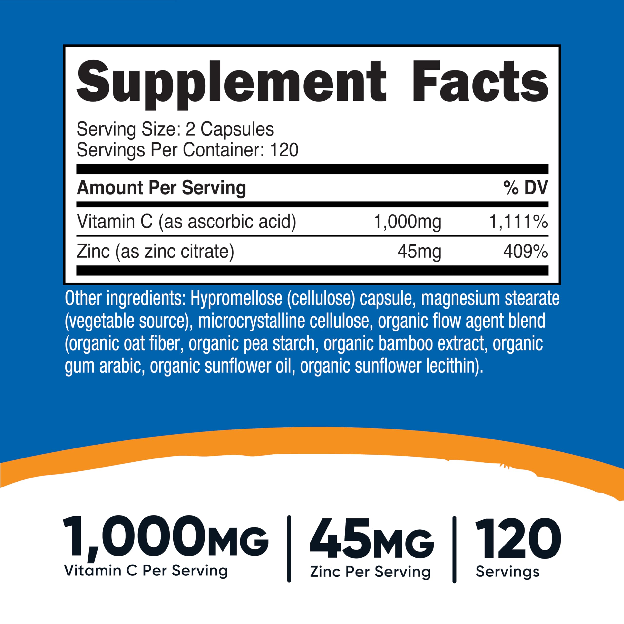 Nutricost Vitamin C and Zinc 240 vegetarian capsules supplement facts panel