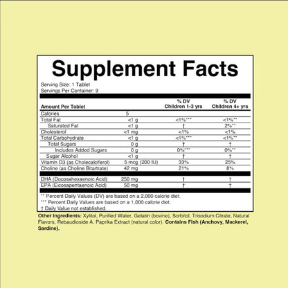 ChildLife Essentials kids chewable tablets side panel showing supplement nutritional facts