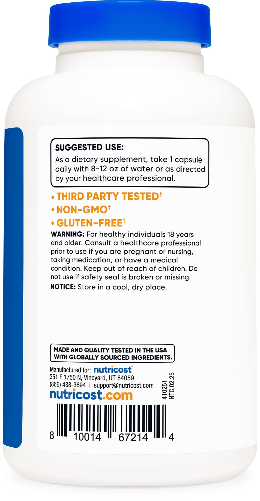 Nutricost Vitamin B12 240 vegetarian capsules supplement facts and ingredient label closeup
