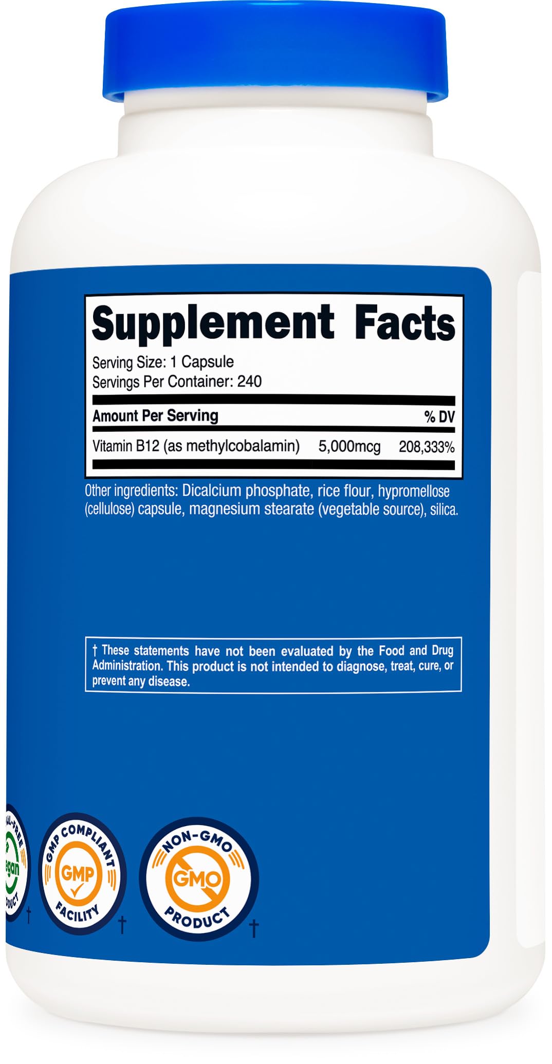 Nutricost Vitamin B12 Methylcobalamin high potency gluten free certification stamps on packaging side view