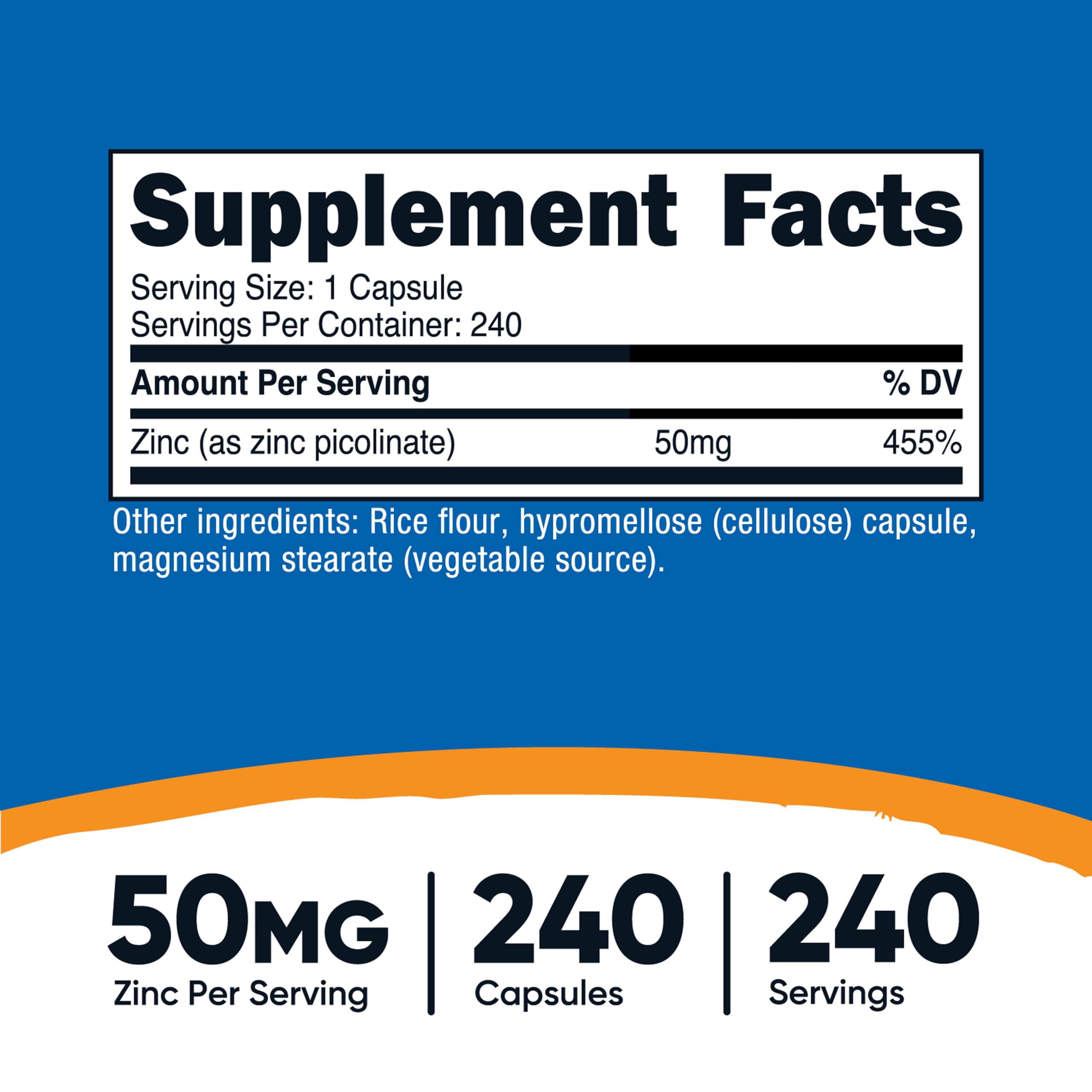 Nutricost Zinc Picolinate 50 Milligrams dietary supplement facts panel showing ingredient clean formula
