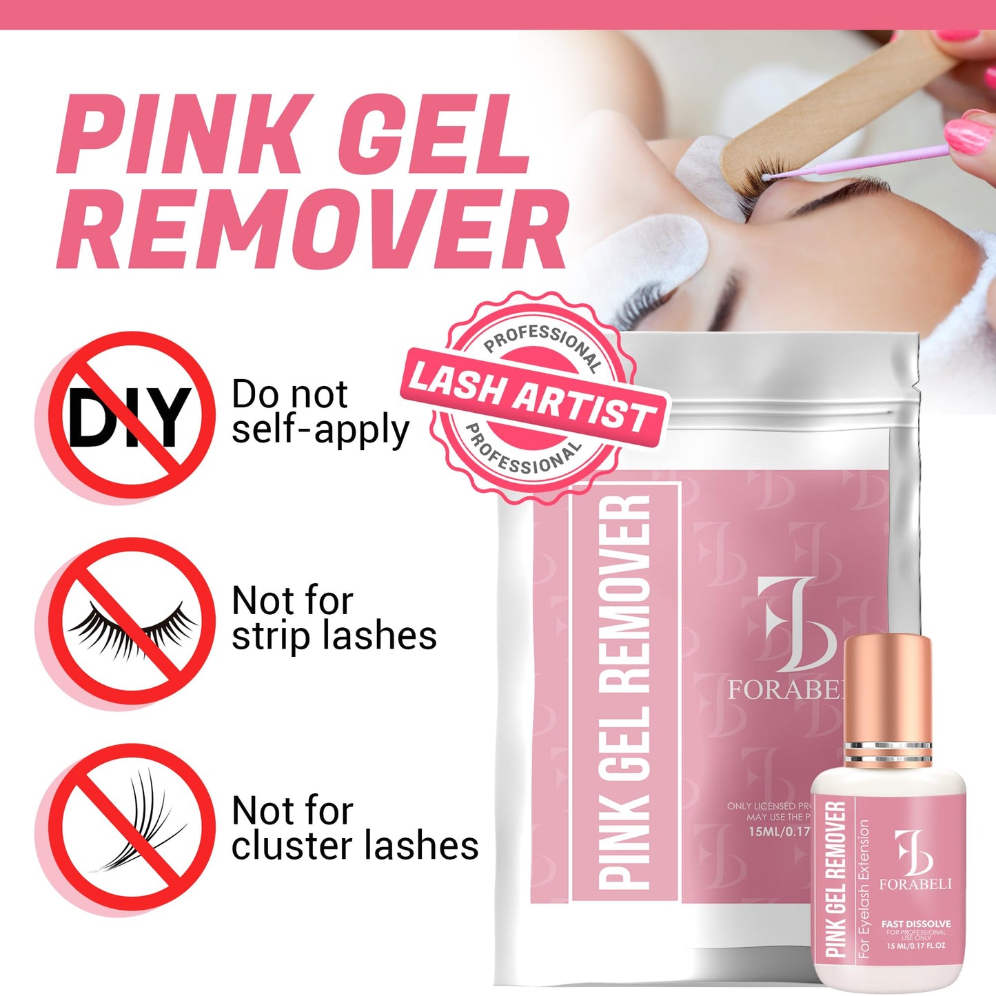 Forabeli eyelash extension glue remover thick pink gel texture being applied with a micro swab.