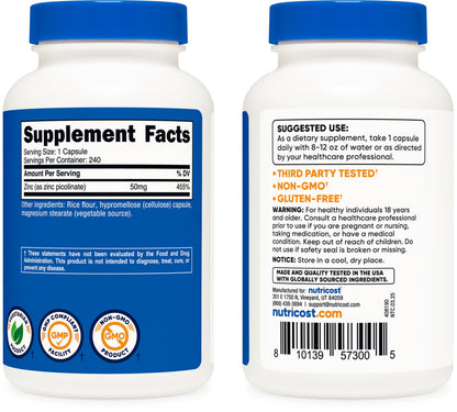 Nutricost Zinc Picolinate 50mg premium quality certification and secure packaging view