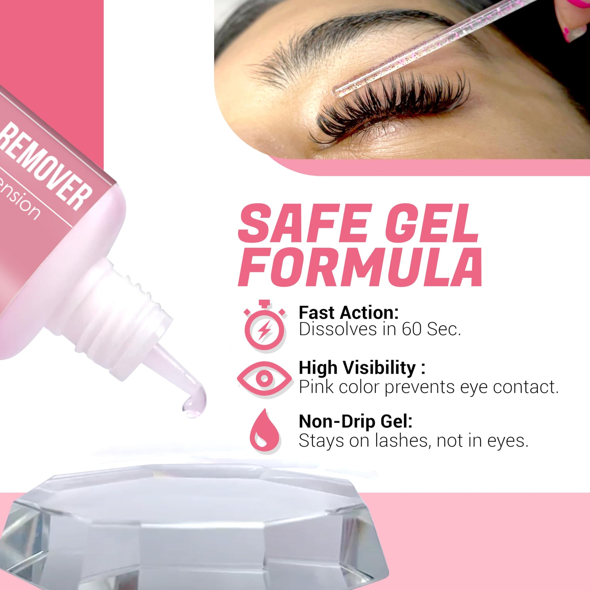 Professional lash extension supplies featuring the Forabeli pink gel adhesive remover bottle.