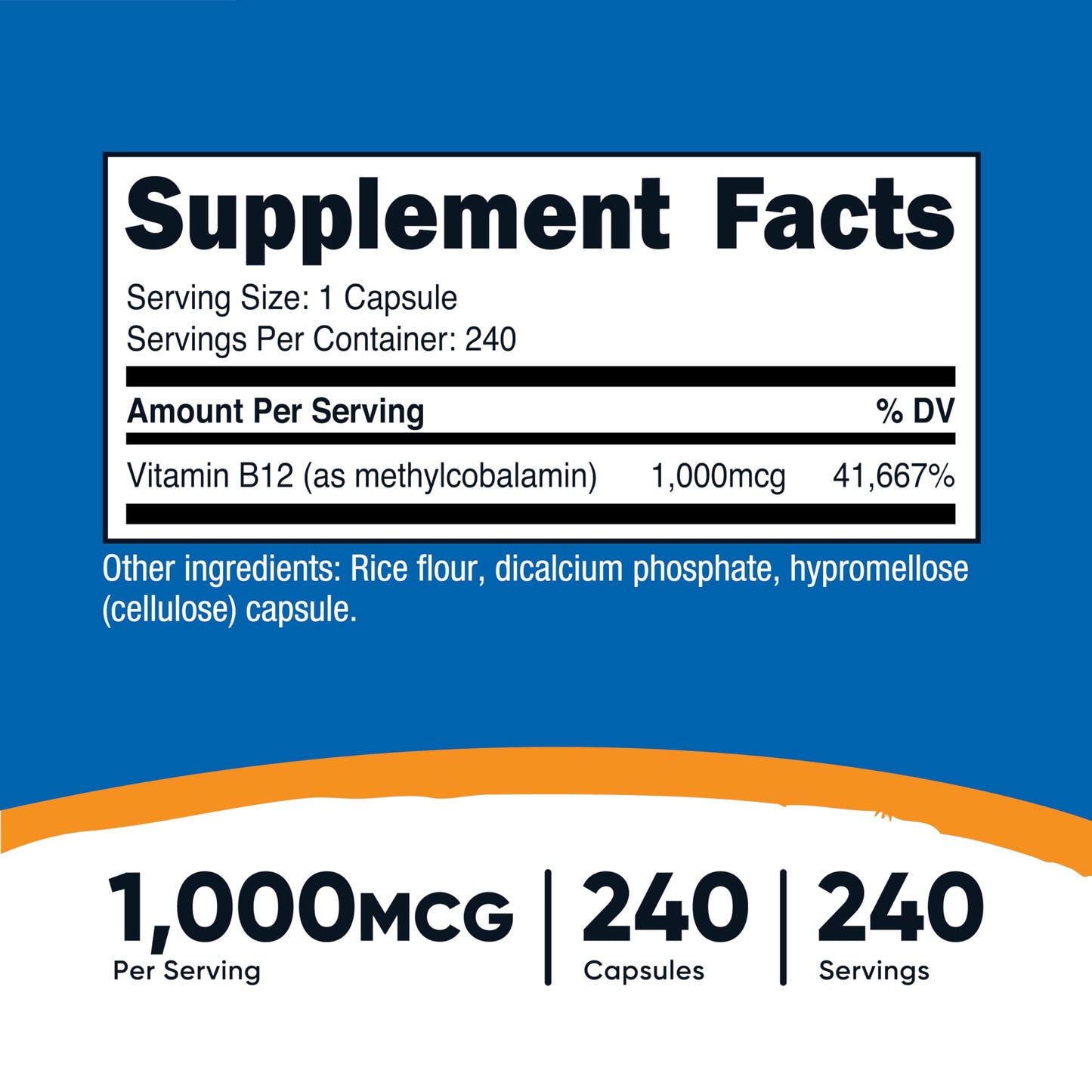 Nutricost Vitamin B12 240 vegetarian capsules supplement facts and ingredient label