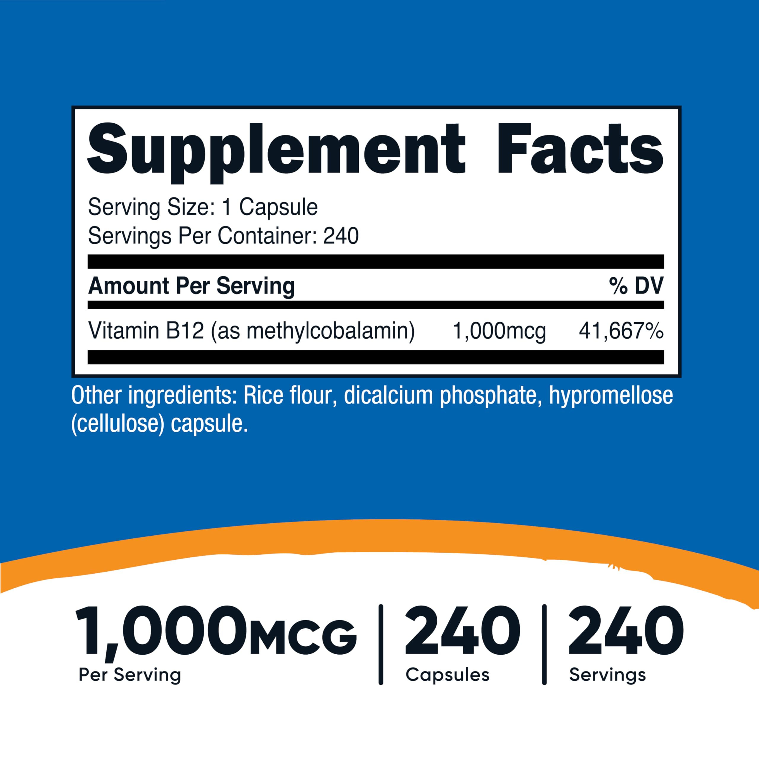 Nutricost Vitamin B12 240 vegetarian capsules supplement facts and ingredient label