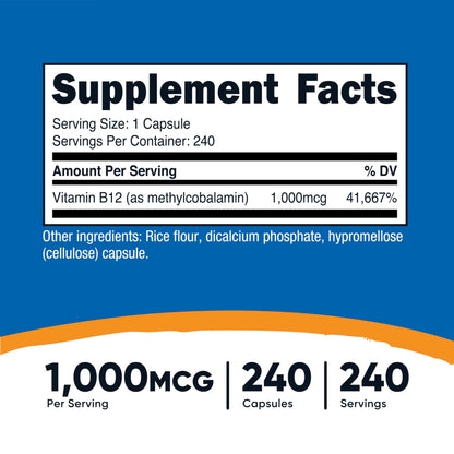 Nutricost Vitamin B12 240 vegetarian capsules supplement facts and ingredient label