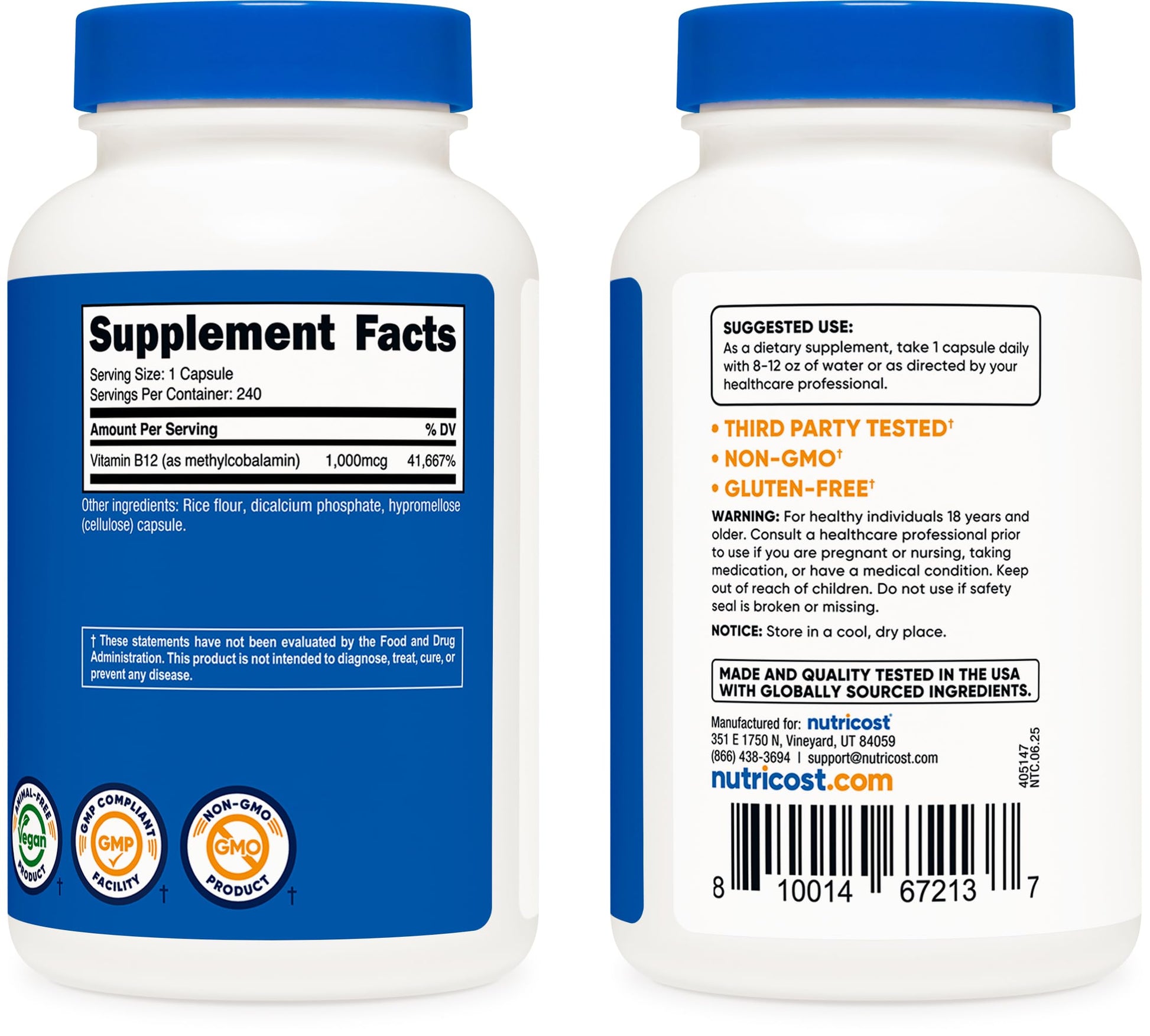 Side view of Nutricost B12 bottle showing high-potency methylcobalamin details