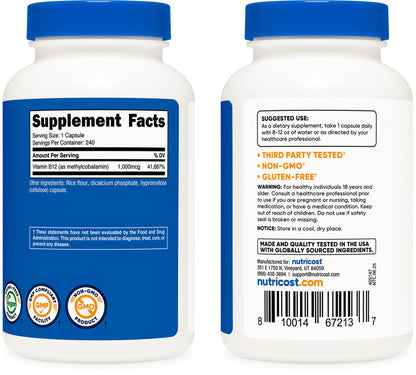 Side view of Nutricost B12 bottle showing high-potency methylcobalamin details