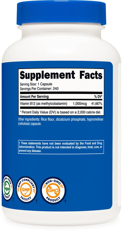 Nutricost active form vitamin B12 bottle layout highlighting 240 daily servings