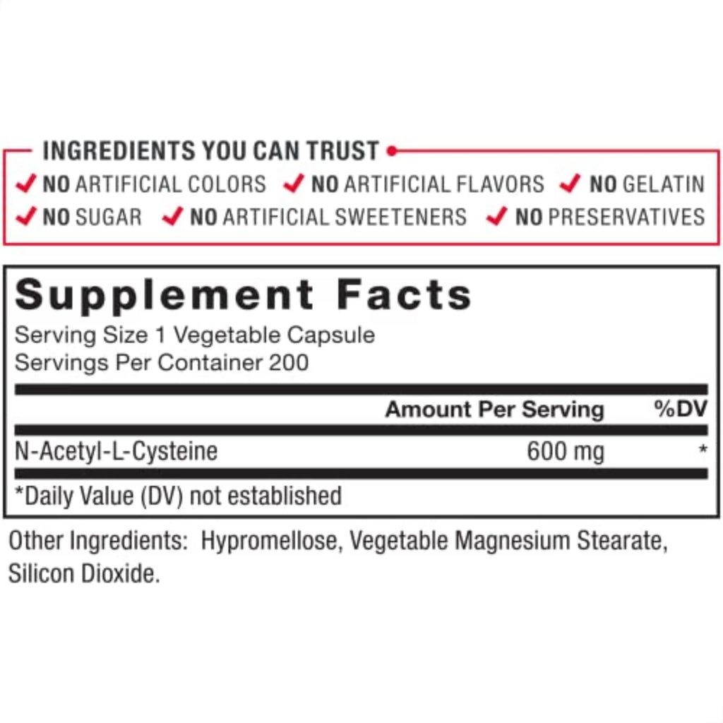 Force Factor N-Acetyl Cysteine bottle close up of product attributes