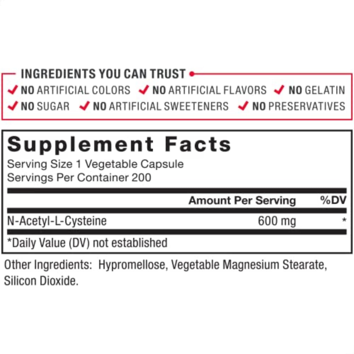 Force Factor N-Acetyl Cysteine bottle close up of product attributes