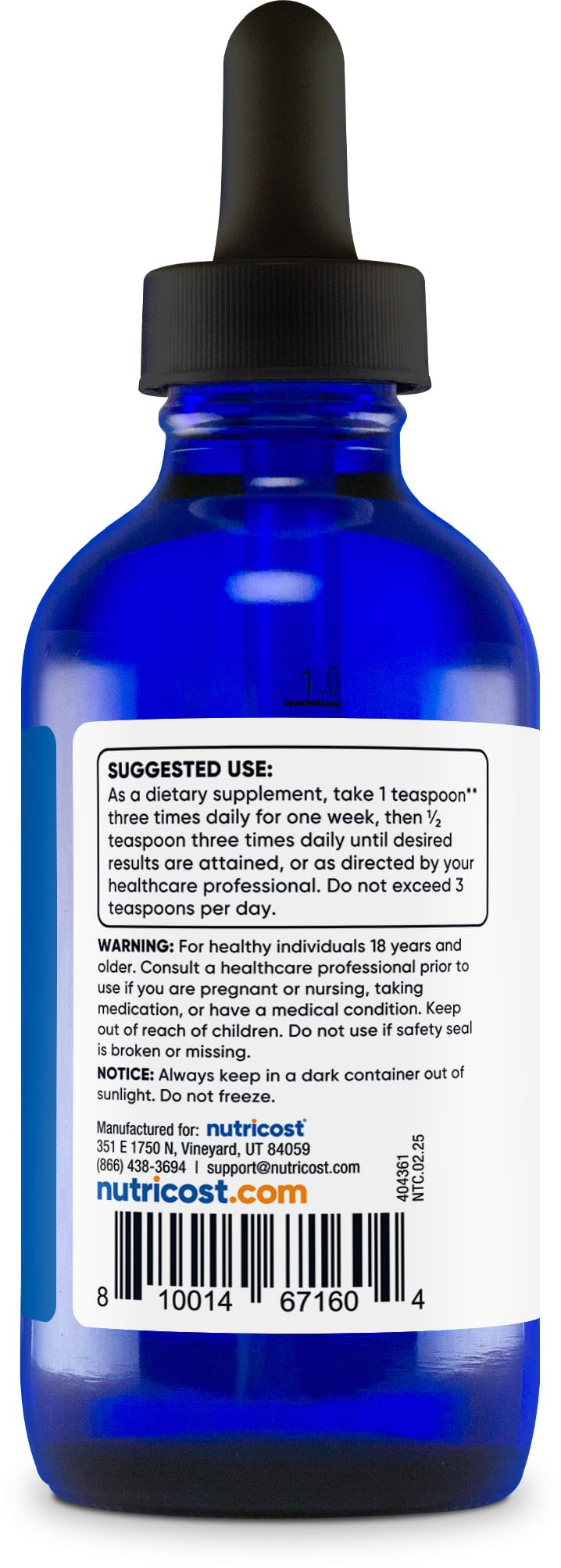 Authentic USA imported Nutricost liquid silver supplement in UV protective blue packaging