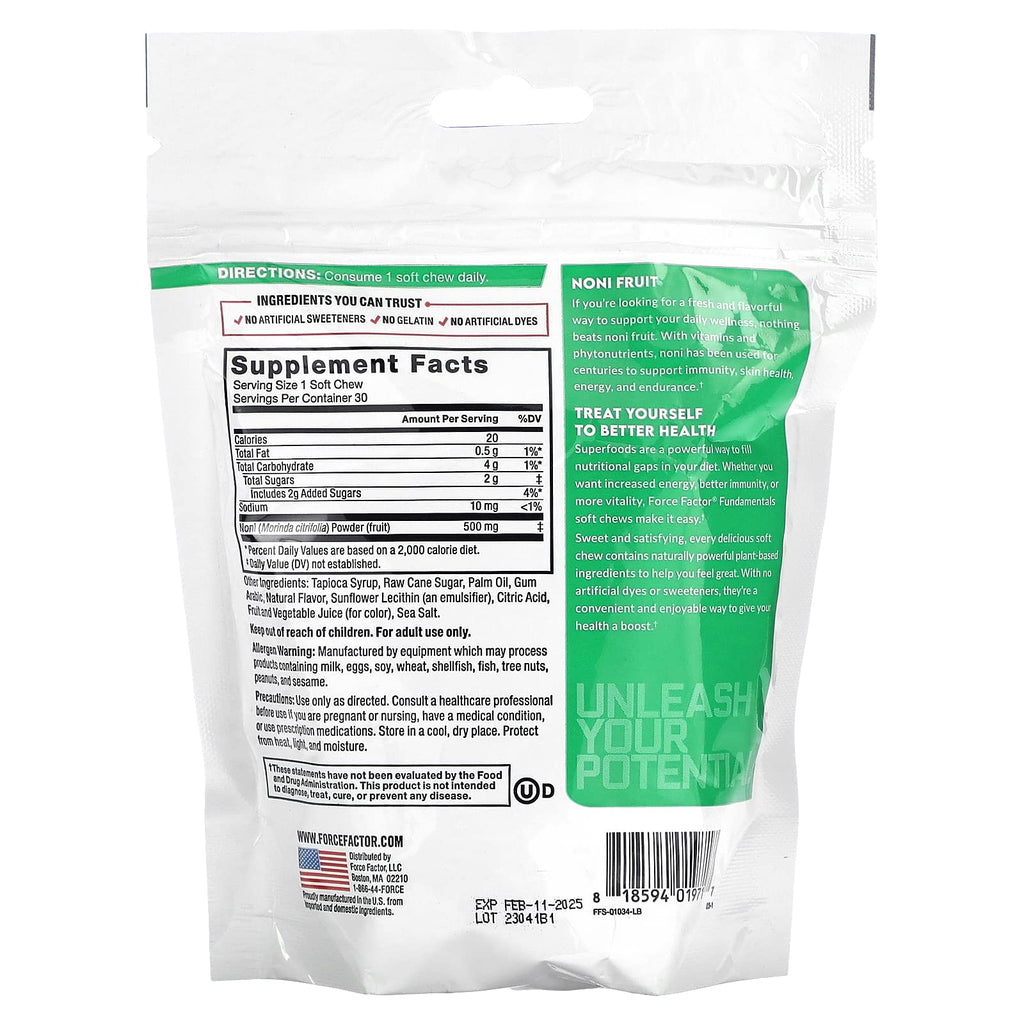 Individually wrapped apple berry flavor noni fruit chews by Force Factor displayed next to the supplement bag.
