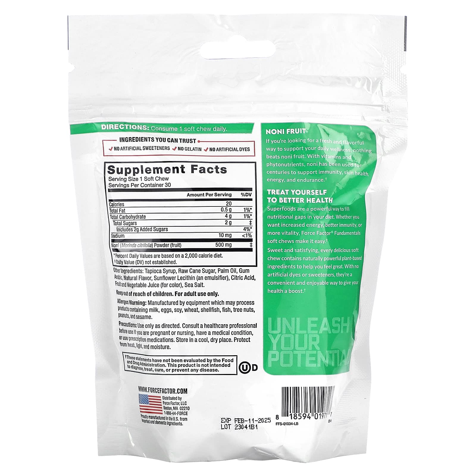 Individually wrapped apple berry flavor noni fruit chews by Force Factor displayed next to the supplement bag.