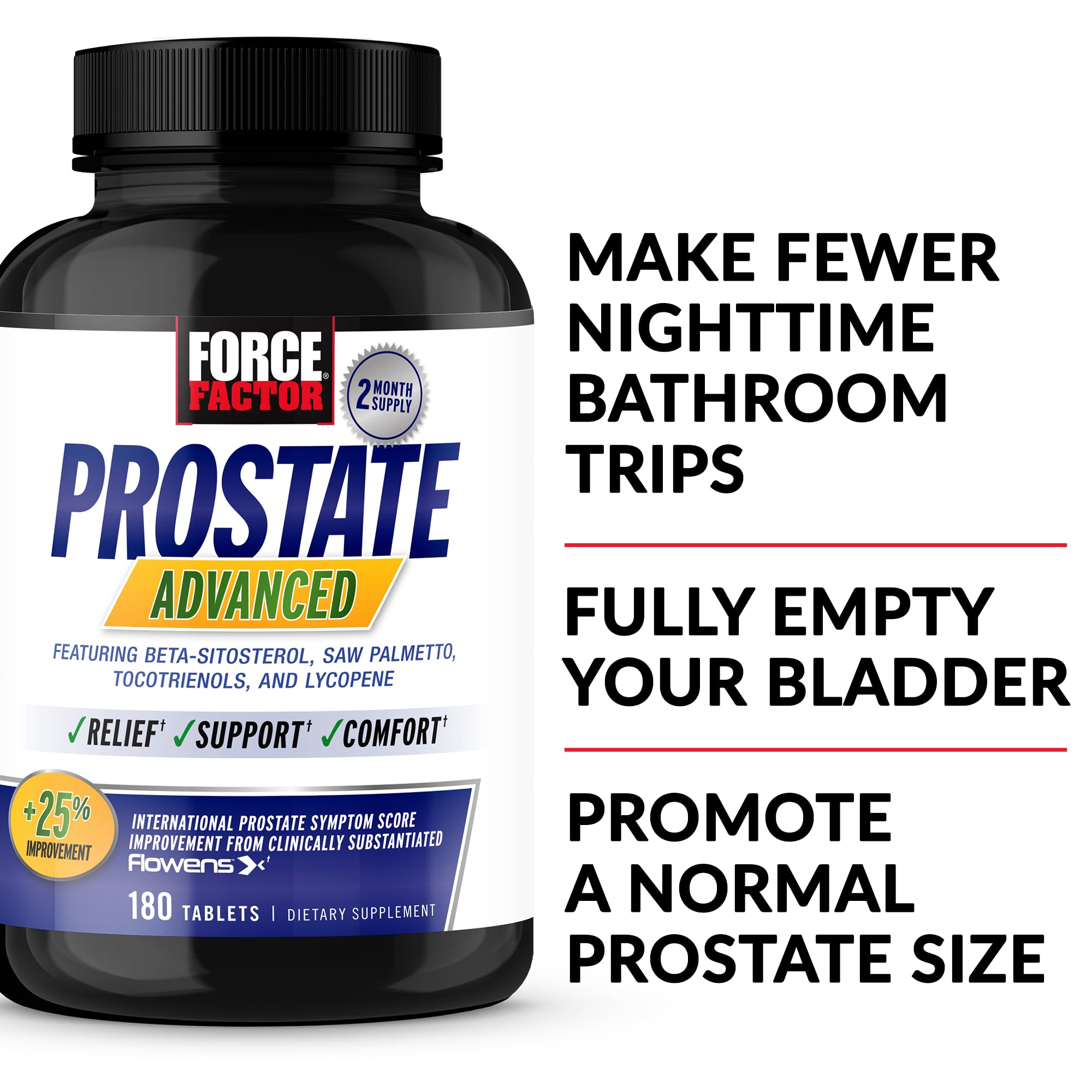 Force Factor Prostate Advanced supplement bottle back label displaying the complete nutritional facts and ingredient list.