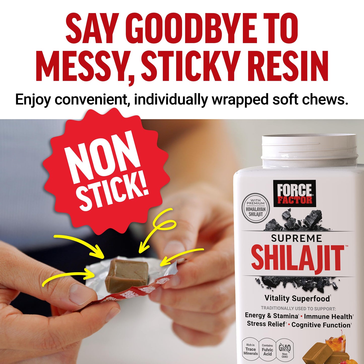 Force Factor sixty count shilajit soft chews dietary supplement facts label.