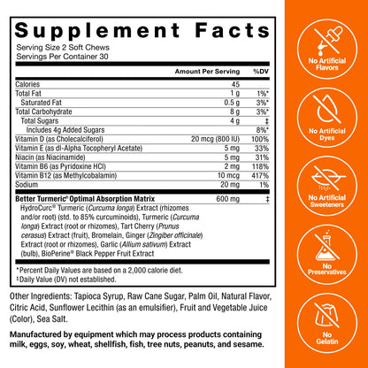 Highly absorbable turmeric curcumin chews with BioPerine black pepper extract.