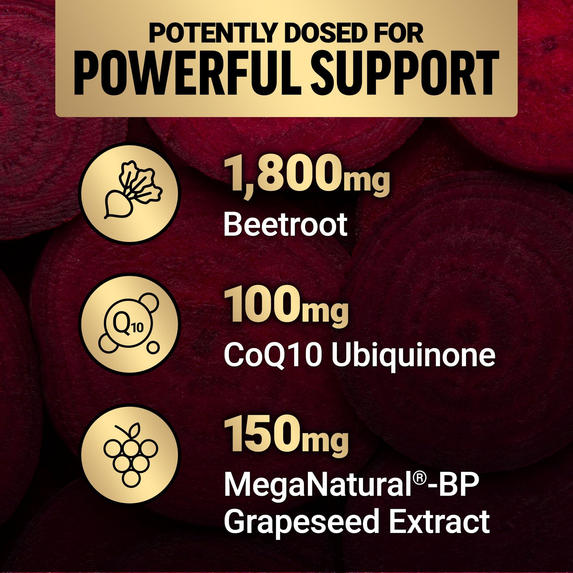 Close up of genuine USA imported Total Beets capsules bottle with CoQ10 validation