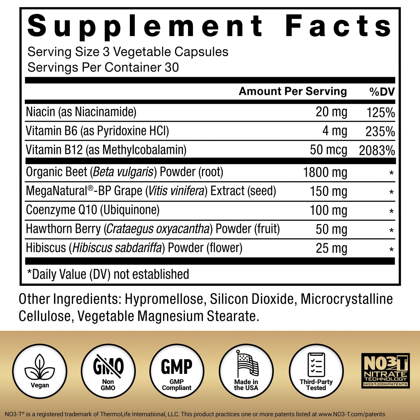 Back label view of Force Factor heart health supplement listing vitamins and herbal blends