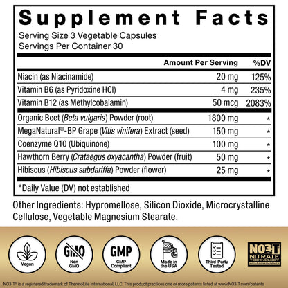 Back label view of Force Factor heart health supplement listing vitamins and herbal blends