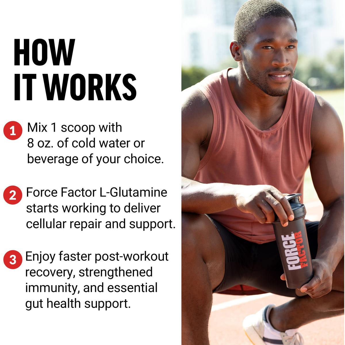 Force Factor L Glutamine Powder mixing in shaker bottle