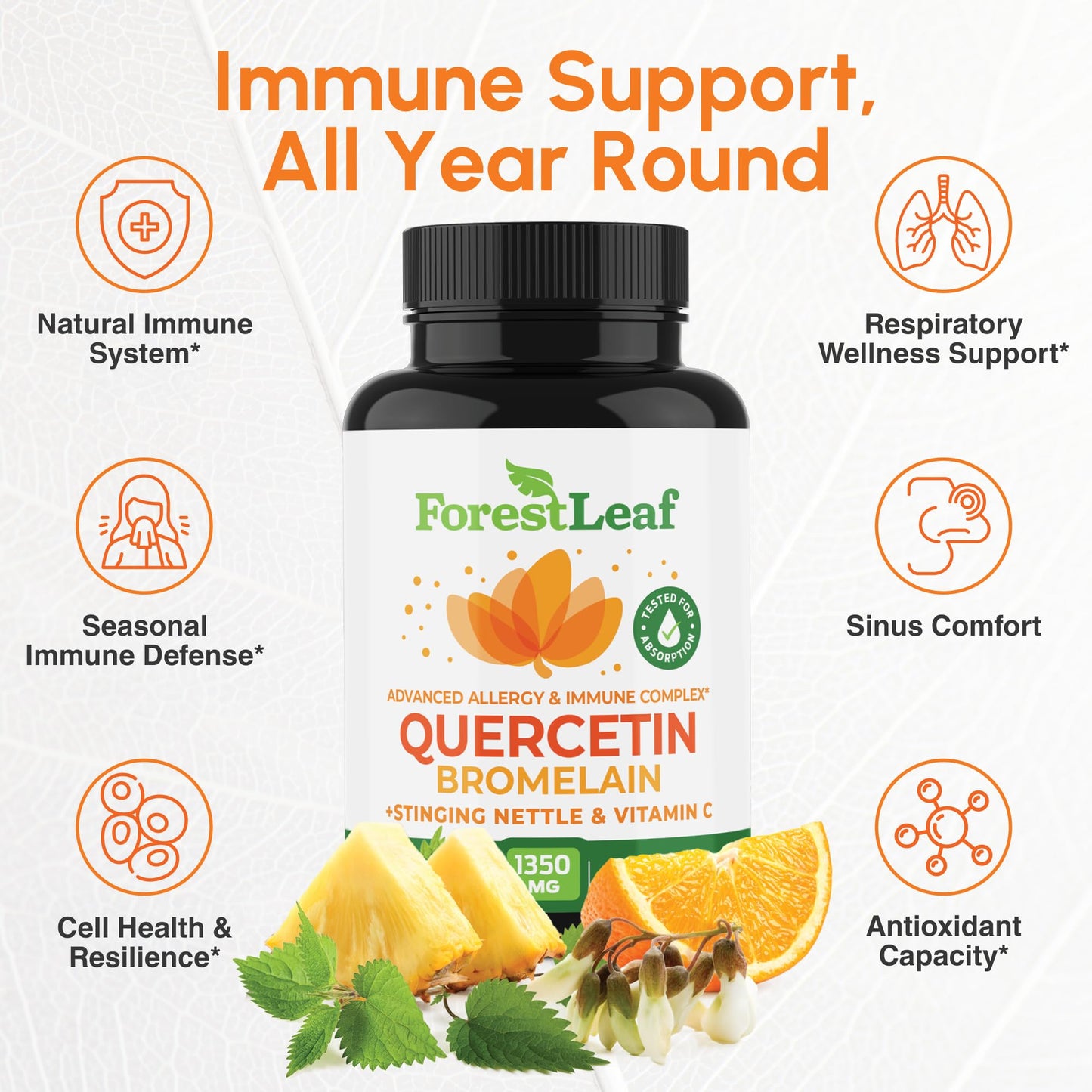 ForestLeaf Quercetin 500mg vegetarian capsules supplement facts and clean ingredients panel