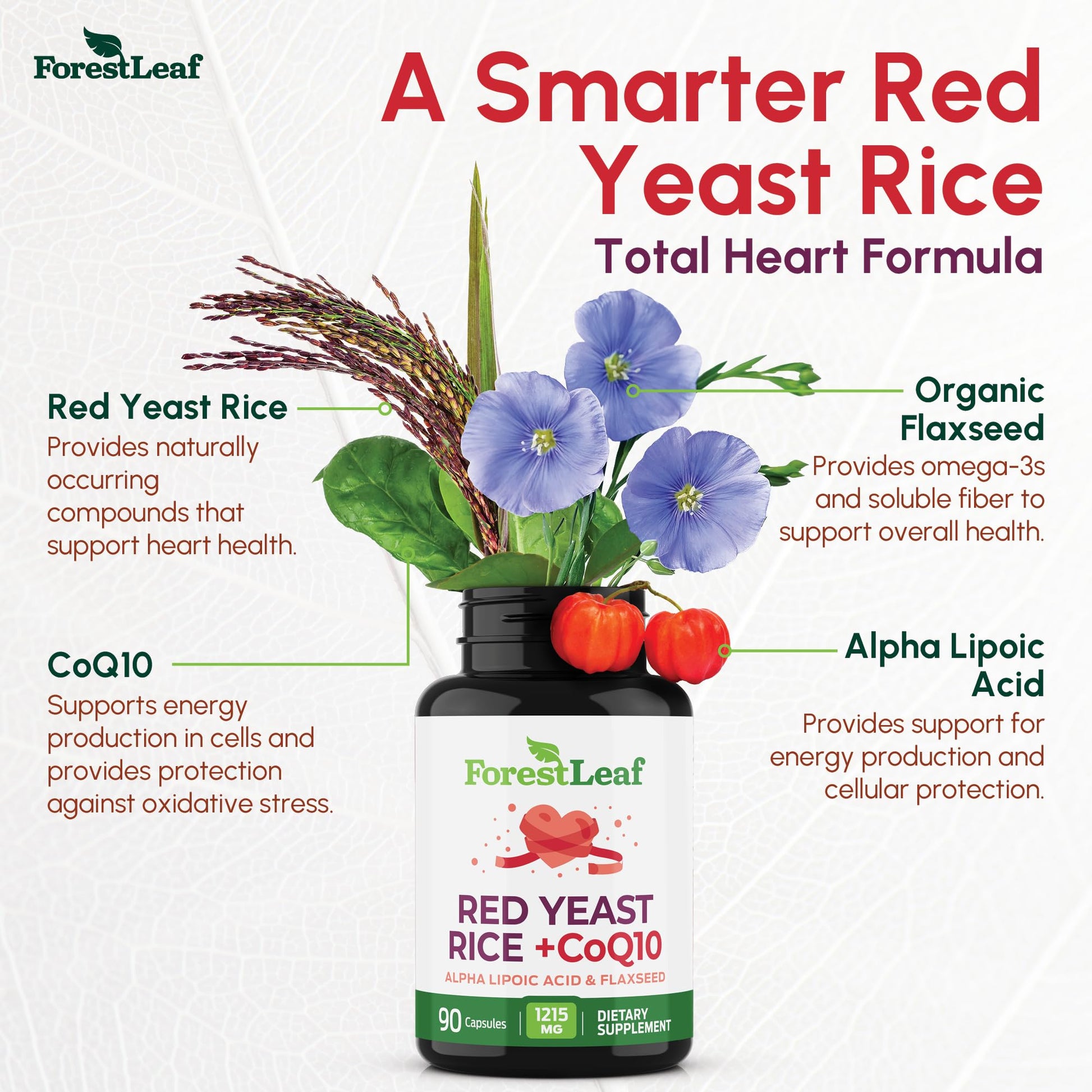 ForestLeaf dietary supplement bottle showing CoQ10 and organic flaxseed ingredients list