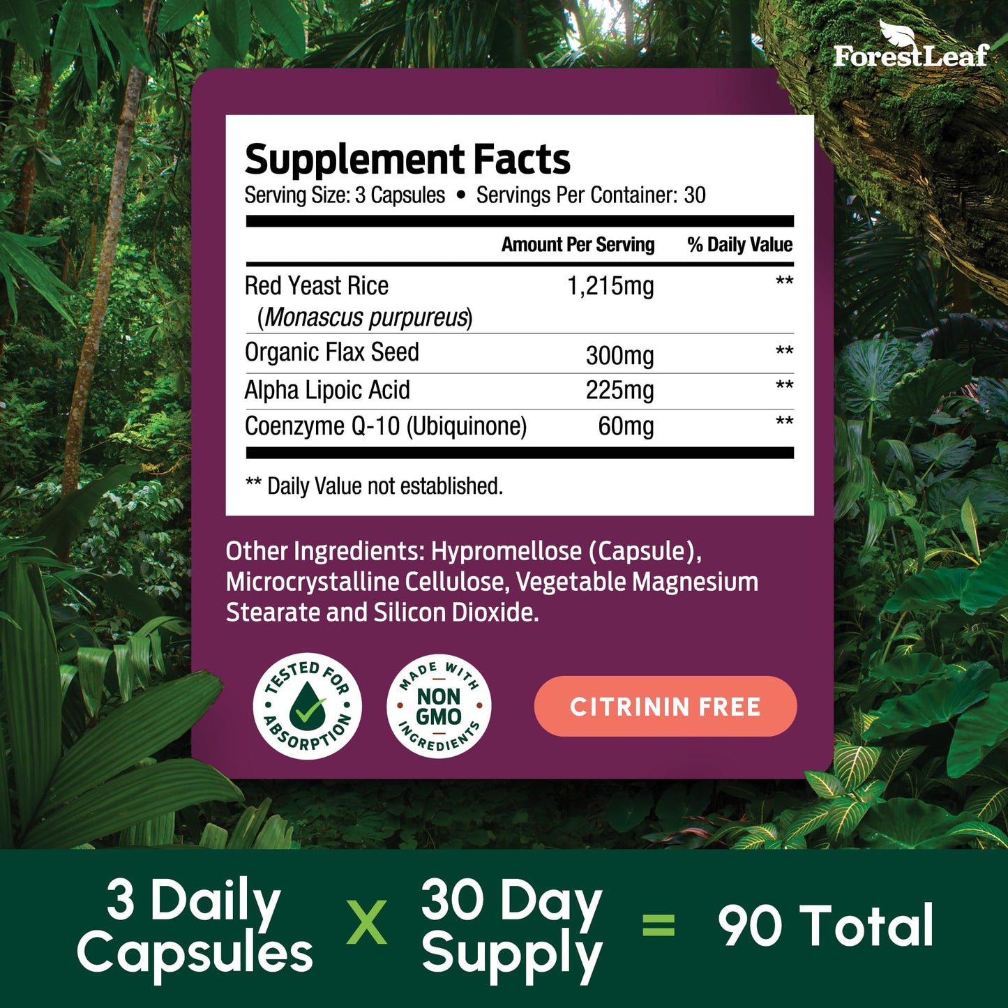 Side view of premium imported ForestLeaf heart health supplement with alpha lipoic acid
