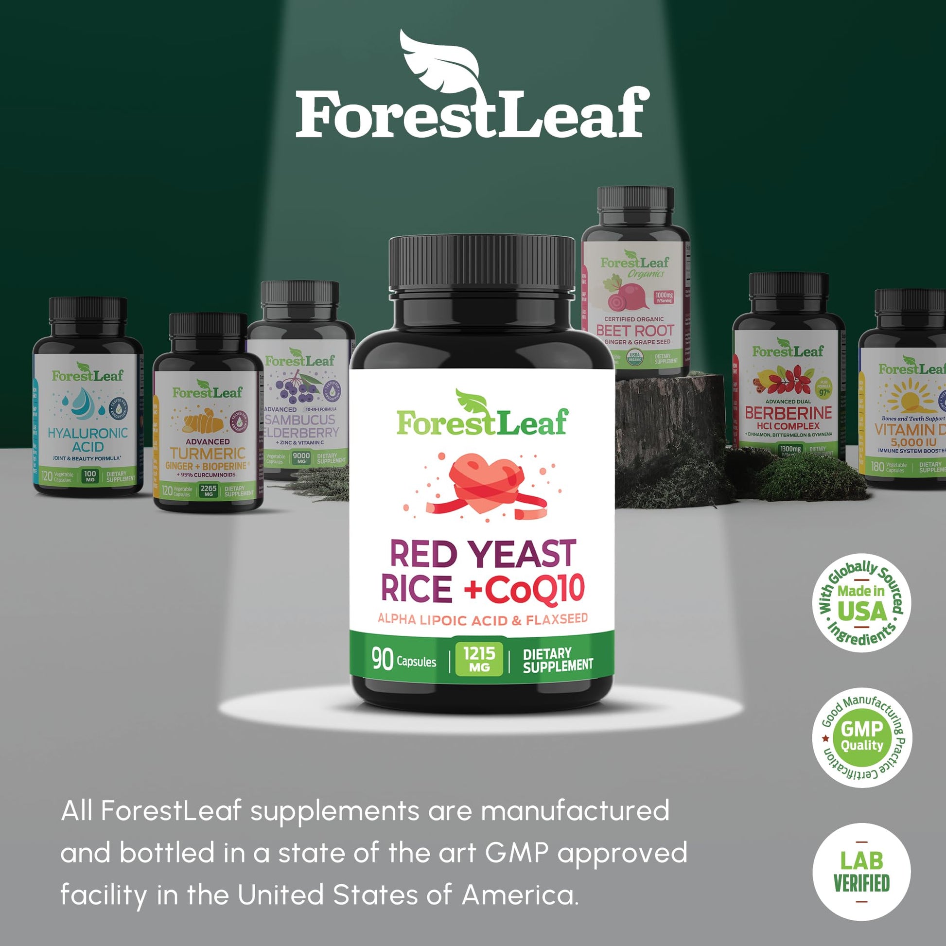 ForestLeaf dietary supplement bottle highlighting ninety capsules serving size details