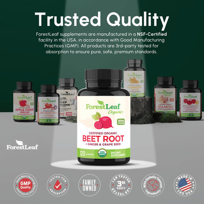 Back view of ForestLeaf organic beet root supplement nutritional facts