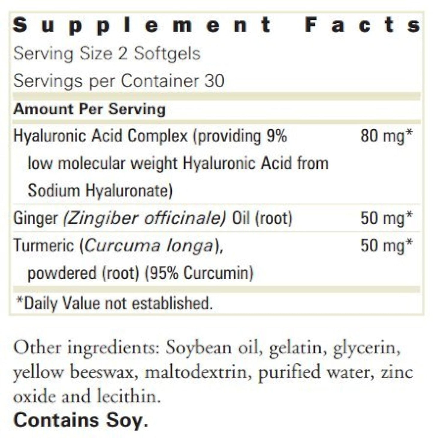 Forever Active HA herbal supplement bottle showing hyaluronic acid ginger and turmeric ingredient highlights.