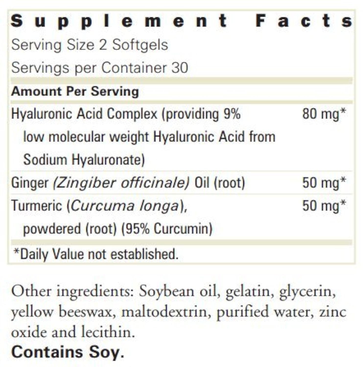 Forever Active HA herbal supplement bottle showing hyaluronic acid ginger and turmeric ingredient highlights.