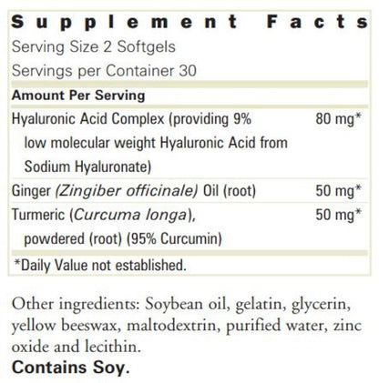 Forever Active HA herbal supplement bottle showing hyaluronic acid ginger and turmeric ingredient highlights.