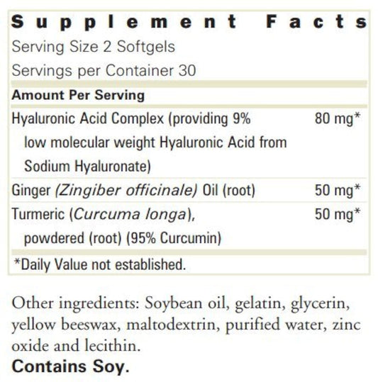 Forever Active HA herbal supplement bottle showing hyaluronic acid ginger and turmeric ingredient highlights.