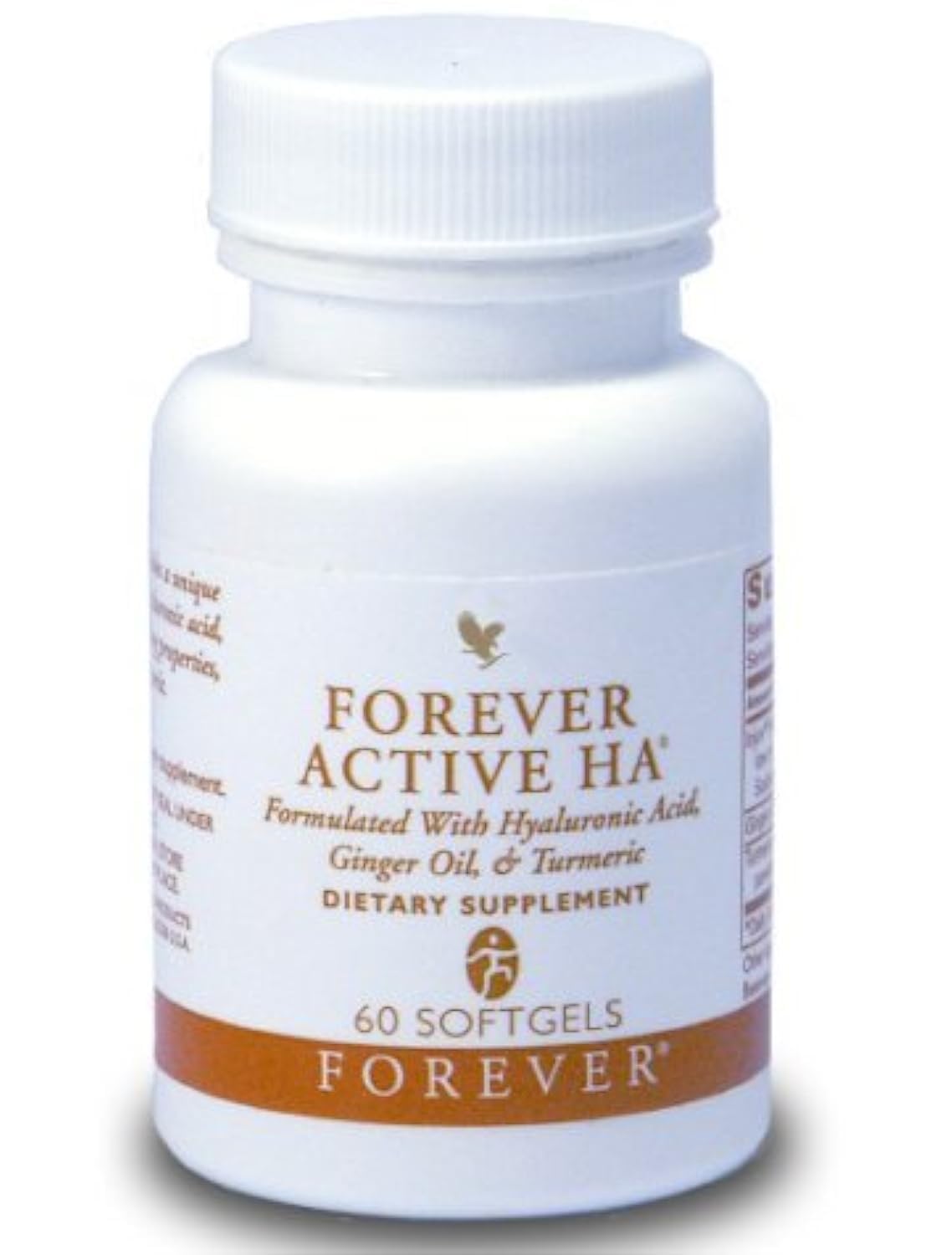Side view of Forever Living Active HA container displaying dosage directions and allergen warning details.