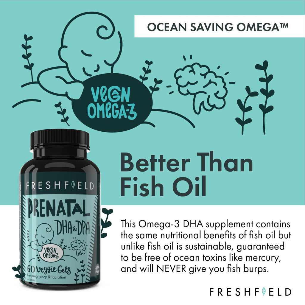 Freshfield Prenatal algae oil capsules close up view highlighting the clear mercury free veggie softgels